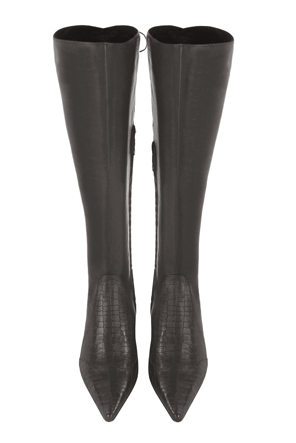 Dark grey women's knee-high boots, with laces at the back. Pointed toe. Low flare heels. Made to measure. Top view - Florence KOOIJMAN